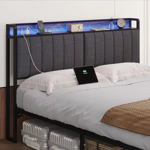 California King Size Upholstered Headboard with LED Lights & Charging Station USB & Type C Port Linen Upholstery Cal King Headboard Only Height Adjustable Attach Frame Sturdy and Stable