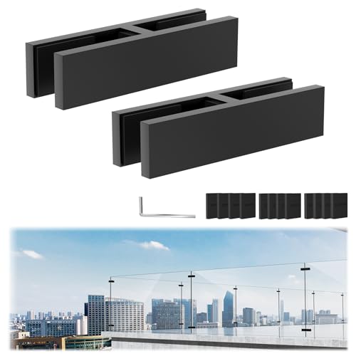 2 Pack Black Railing Glass to Glass Clamp, 180 Degrees Double Sided Clip Fit for 3/8"-1/2"(10mm-13mm) Thinkness Balustrade, SST304 Railing Holder for Fence, Balcony Deck, Indoor & Outdoor