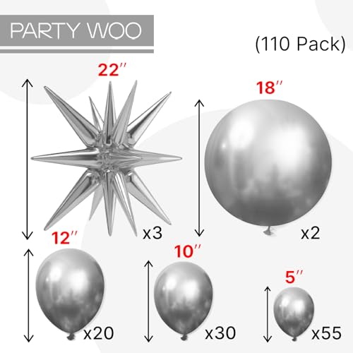 Image of PartyWoo Metallic Silver Star Balloons 110pcs Different Sizes 18 12 10 5 Inch Pack 22 Inch Silver Spike Star Explosion Foil Mylar Balloon Arch Kit for Birthday Party Decorations Silver-G102