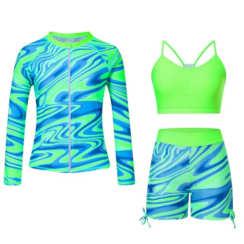 Image of Funnycokid Girls Swimsuit 3 Pieces Zip Rash Guard Bathing Suits Set Kids Bikini Boyshort Summer Swimwear 3-14 Years