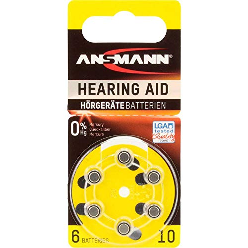 Ansmann 5013223 Hearing Aid Batteries [Pack of 6 Cells] Size 10 Yellow Zinc Air Hearing-Aid Suitable for Hearing Aids Sound Amplifier - 1.45V Mercury Free