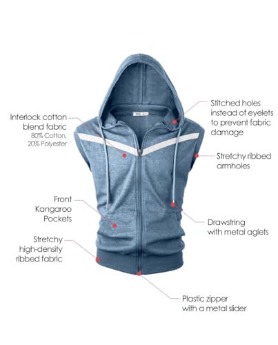 Image of Ohoo Mens Slim Fit Sleeveless Lightweight Zip Up Hooded Sweatshirt Vest Hoodie