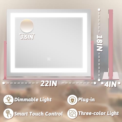 Image of ROLOVE Pink Vanity Mirror with Lights 22 inchx18 inch, Lighted Makeup Mirror with 10X Magnification, Smart Touch 3 Colors Dimmable, 360 Rotation, Gift for Teens