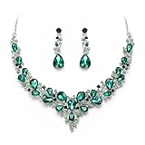 BriLove Large Statement Jewelry Set for Women Austrian Crystal Teardrop Cluster Big Necklace Dangle Earrings Emerald Color Silver-Tone
