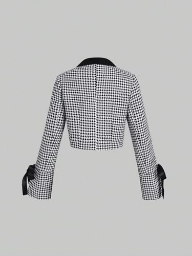 WDIRARA Women's Houndstooth Printed Knot Front Double Breasted Long Sleeve Casual Crop Blazers2