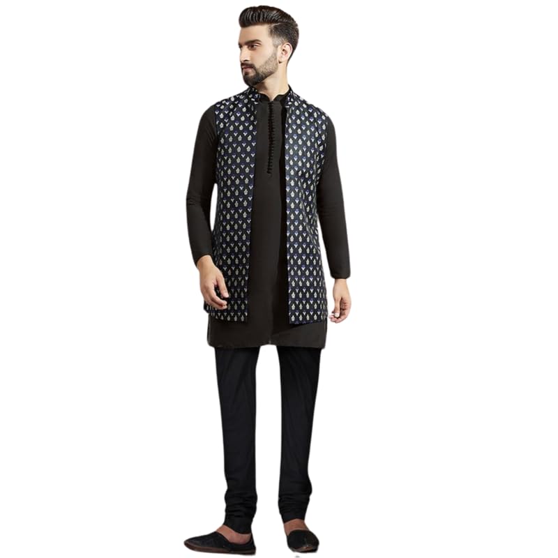 Kurta Churidar homme en soie tissée noire | Costume élégant à col mandarin