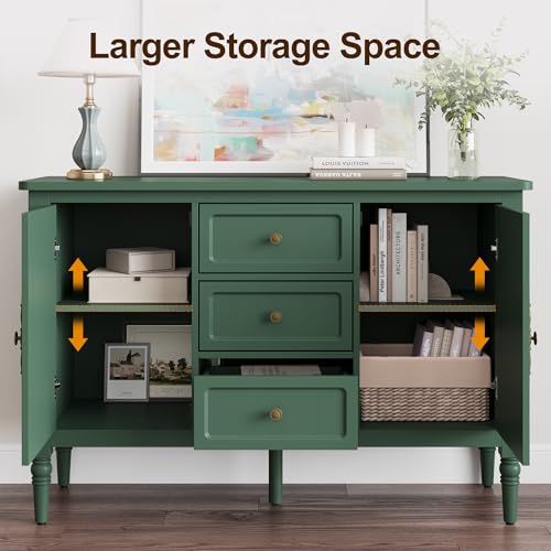 Image of FansaFurn Green Storage Cabinet, Mid-Century Buffet Cabinet with 2 Doors & 3 Drawers, Accent Sideboard Cabinet with Adjustable Shelves & Turned Legs, Great for Entryway, Living Room, Dining Room