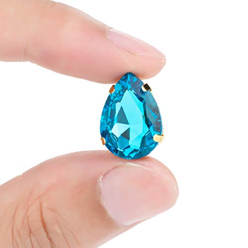 Choupee Sew On Rhinestone Tear Drop Crystal Rhinestones in Gold Setting 48 Pcs (Lake Blue, 13 X 18 MM)