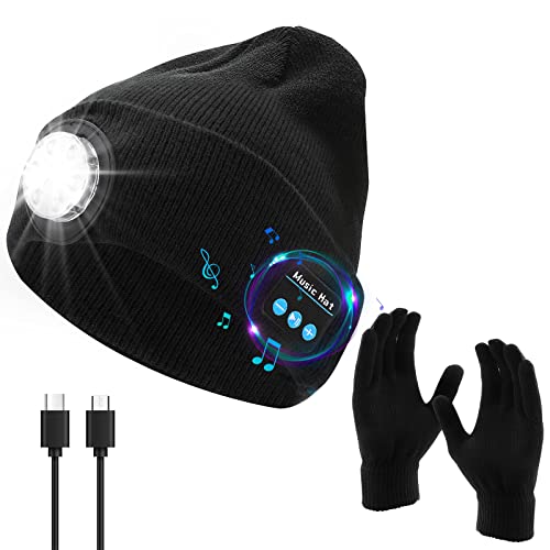 Brynnl V5.0 Bonnet LED Bluetooth avec Ensemble de Gants Chapeau Torche Unisexe pour Homme et Femme sans Fil Bonnet Musical d'hiver Lavable USB Rechargeable Bonnet de Musique pour Cadeau en Plein air Cover