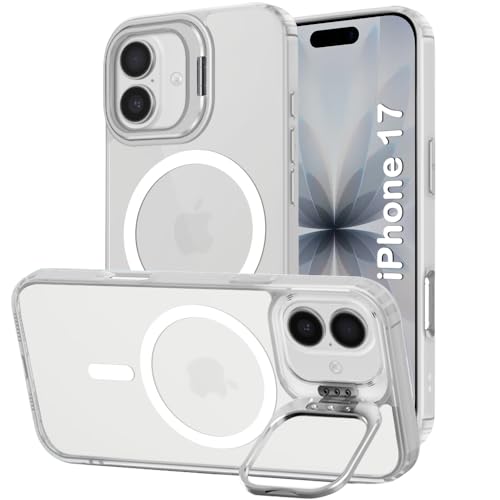 Image of TheGiftKart Hybrid Matte Frosted Back Cover Case for iPhone 17 Compatible with MagSafe | Built-in Stand | Shockproof Hard Back Cover Case for iPhone 17 (PC & TPU, Translucent White)