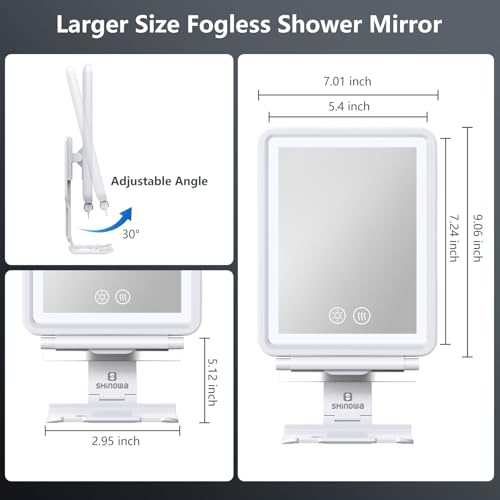 Image of Heated Shower Mirror Fogless for Shaving, Anti-Fog Mirror for Shower | 3 Colors Stepless Dimmable Lights, 5000mAh Rechargeable Battery with Razor Holder, No-Drilling, Light Memory Function