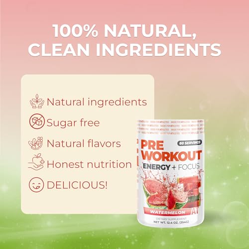 Image of About Time Pre Workout Energy + Focus, Watermelon | 60mg Caffeine from Green Tea, Natural Flavors, No Jitters or Crashes, No Stim, Gluten Free, Sugar Free, 60 Servings