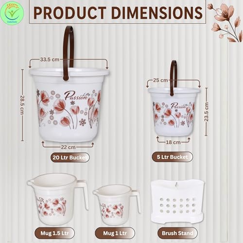 Image of Heavy Duty Virgin Plastic Large Capacity 20L Bucket, 5L Bucket, Stool,22L Deep Tub, Dustbin,1.5L Mug,1L Mug, Soap Case, Dustpan, Tooth Brush Stand Bathroom Set(K.White-Brown) - 10 Pieces