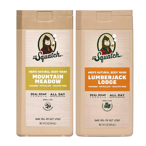 Dr. Squatch Natural Mens Body Wash Shower Gel - Cleansing Nourishing Long Lasting Scent Moisturizing Body Wash for Men - Mountain Meadow + Lumberjack Lodge (14 oz 2-Pack)