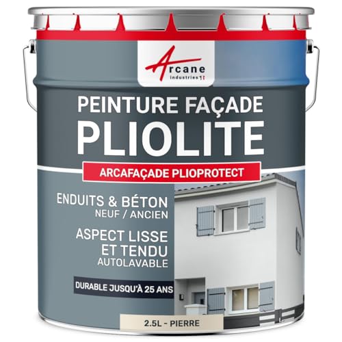 ARCANE INDUSTRIES Peinture façade pliolite pour Mur extérieur, crépi - Peinture Hydrofuge Solvantée - ARCAFACADE PLIOPROTECT - 2.5 L (+ ou - 20 m² en 1 Couche) Pierre - RAL 090 90 10