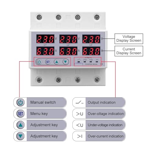 Relé protector trifásico ajustable 380V con voltímetro amperímetro 63A DIN 2