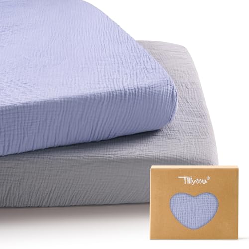 Image of TILLYOU Muslin Mini Crib Sheets 2 Pack, Pack and Play Mattress Sheets Fitted for Pack N Play, 38 x 26 Sheet for Toddler, Grey and Blue