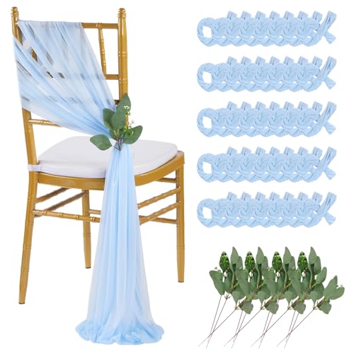 QueenDream Light Blue Sashes Wedding Chair Decorations: 50PCS Tulle Chair Cover Bands Aisle Sheer Bows for Birthday Party Banquet