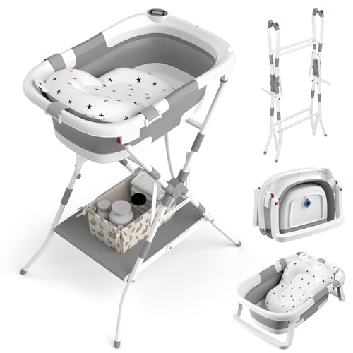 BALLA BALEIN Baby Bathtub with Stand 2-in-1 Collapsible Bath Tubs for Newborn to Toddler Infant Bathtub with Folding Stand Portable Bathtub for Baby Including Soft Cushion Storage Pad (Gray)