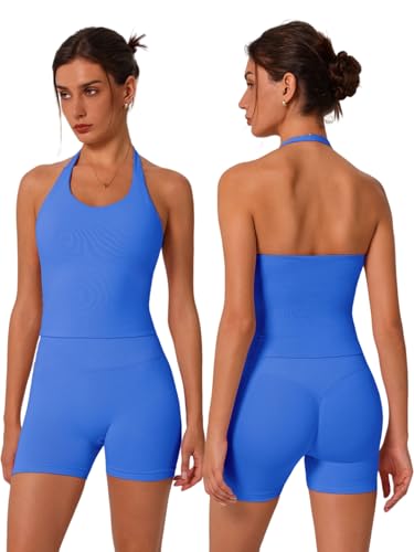 Image of ABOCIW Workout Sets for Women 2 Piece seamless Halter Sports Bra Scrunch Butt Impact Shorts Gym Yoga Outfits