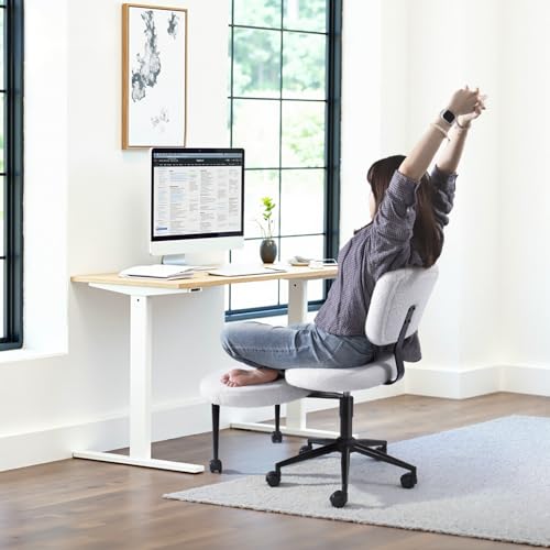 Image of VITESSE Cross-Legged Ergonomic Chair 360 Swivel with Wheels, Adjustable Meditation Seat for ADHD, Lumbar Support, Teddy Fabric Home Office Chair,White
