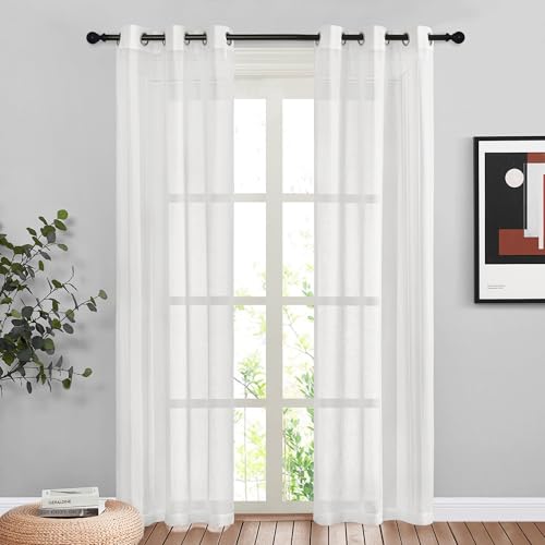 NICETOWN White Sheer Curtains 84 inches Long, Grommet Semi Sheer Light Filtering Window Treatments Balance Privacy & Light Vertical Flax Sheer Drapes for Bedroom/Living Room, W42 x L84, 2 Panels
