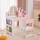 LALAHO 2 en 1 Coiffeuse pour Enfants et Miroir LED, Coiffeuse Fille avec Tabouret，Bibliothèque pour Enfants, Tiroirs en Tissu et Tiroirs en Bois, Crochets à Bijoux，pour Les 4 9 Ans (Blanc & Rose)