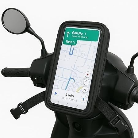 Image of Polyester Handlebar Universale Mobile Holder Mount Pouch Bag Waterproof for Activa Jupiter EV Ola-S1 Pleasure Ntroq All Scooter Scooty Bike Fit 7 inches Phone (Black)