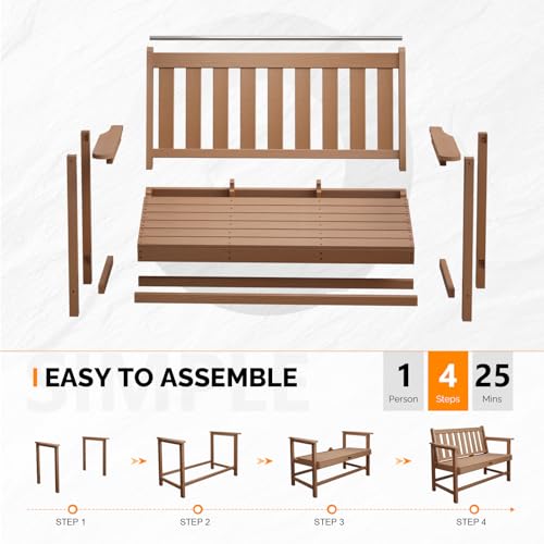 Image of VINGLI 49in HDPE Outdoor Bench with Backrest and Armrests, 2-Person Weatherproof Patio Bench, Heavy Duty 600 lbs Capacity, Low Maintenance Garden Benches for Porch Backyard Poolside Park (Teak)