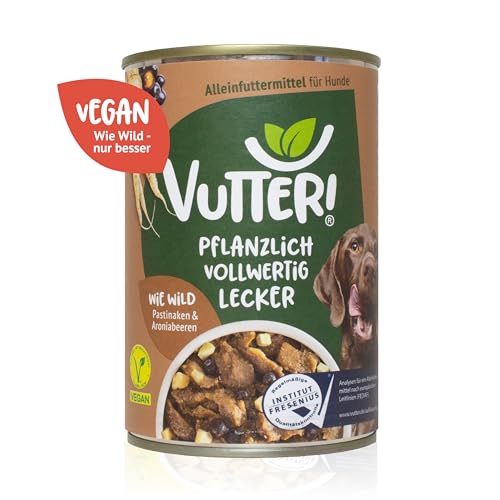 VUTTER Nassfutter Wie Wild, 12x400 g: Hundefutter Vegan - Alleinfutter für Hunde - Fleischähnlich für hohe Akzeptanz - Sojaprotein für Muskeln, Zink für Haut & Fell, Kalzium für Zähne & Knochen