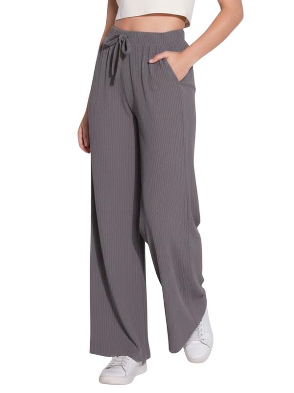 Image of DTR FASHION Women's Solid Lining Stretchable Cotton Blend Casual Wide Leg Trouser