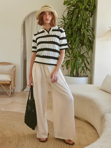 CIDER Women T Shirts Collared Short Sleeve Hollow Out Striped Knitted Tops Casual Summer Outfits2