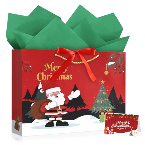 Image of JMANNI Christmas Gift Bags,1PCS Large christmas Gift Bag with Ribbon and 1 Greeting Card 2 Tissue Papers, Portable Paper Gift Bag with Handles, Reusable and Perfect For Your Xmas Presents （Red-Green）