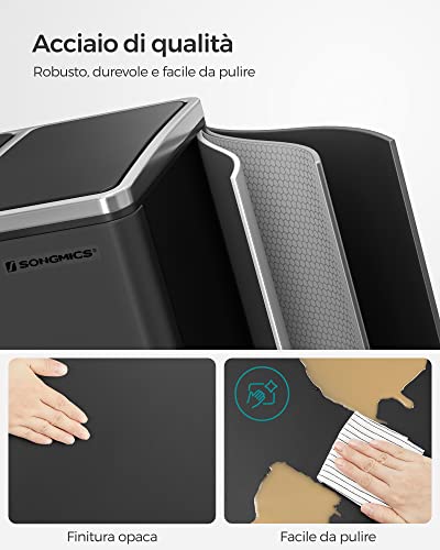 SONGMICS Cestino da Cucina, Pattumiera per Raccolta Differenziata 3 x 18L, 3 Scomparti per Riciclaggio, Coperchi a Chiusura Morbida, Pedali, Acciaio, Nero Inchiostro LTB54BK - Immagine 3