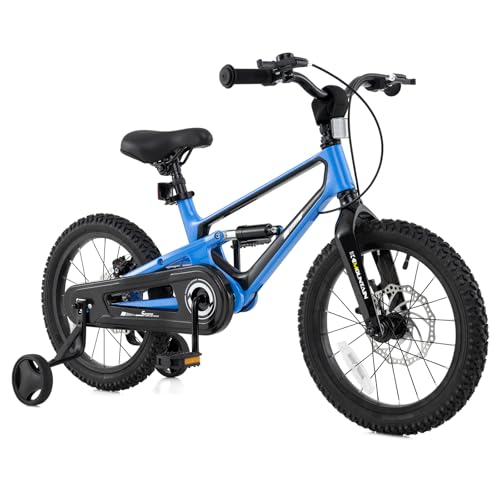 BABY JOY Kids Bike, 16" Lightweight Alloy Sporty Bicycle with Dual Disc Brakes, Removable Training Wheels, Body Suspension, Adjustable Handlebar & Saddle, Girls Boys Bike for 4-7 Years Old (Blue)