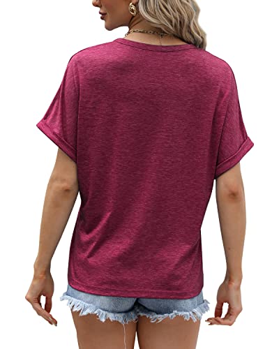 Womens Shirts Casual Short Sleeve Crew Neck Tops Summer Clothes Bat Sleeve Tshirts Red #TOP2