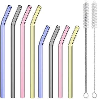 Prounion 8 Glass Straw with 2 Straw Cleaner Brushes, Coloured Reusable Bent Glass Straw Dishwasher Safe Eco Friendly Durable Glass Straws Drinking for 20/30oz Smoothie Cocktail Milkshake Cold Drinks