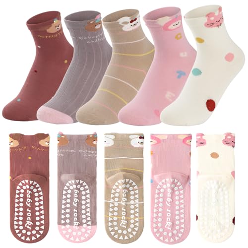 Simpeak 5 Paar Socken Kind Mädchen ABS Socken Baumwolle Jungen Anti Rutsch Rutschfeste Madchen Junge Kinder Lustige Designs Warmsocken Stoppersocken 33-37 9-12 Jahr
