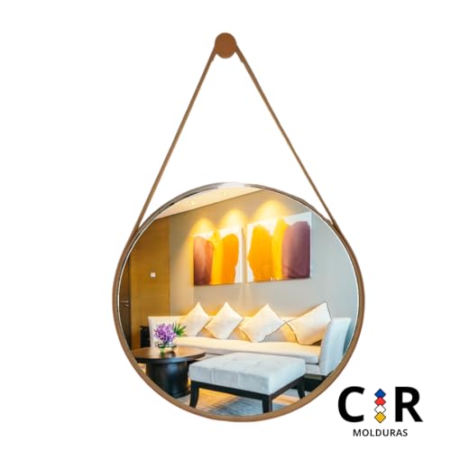 Espelho Decorativo Redondo 50cm Adnet Suspenso C/Alça Couro Ecológico + 5 Anos de Garantia (Caramelo