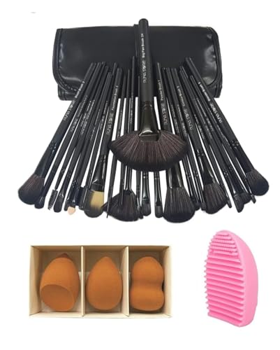 Image of Puna Store Combo Set of 24 Piece Synthetic Makeup Brush Set (BLACK) with 3pc Makeup Blender Set, Makeup Brush Cleaning Egg, Cruelty-Free Vegan Brushes, Kabuki Foundation, Eye Shadow Blending, Face Pack, Contouring, Highlighting