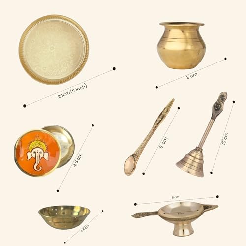 Image of Traditional Brass Puja Thali Set for Mandir & Festivals | Brass Aarti Thali Plate for Bhog, Diya & Pooja Rituals | Ideal for Diwali Navratri Karwa Chauth Home Temple Decor (Set of 7)