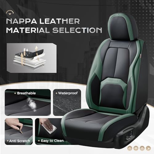 Image of Coverado Car Seat Covers Full Set, Green Car Seat Cover, Car Leather Seat Protector with Lumbar Support, Waterproof Car Seat Cushion, Leather Seat Covers Universal Fit Most Cars, (Black&Green)