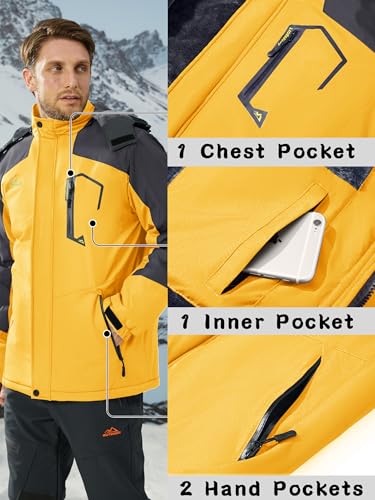 Miniatura 6 de Kefitevd Chaquetas Lluvia Lana Invierno Para Hombres Chaquetas Térmicas Escalada Esquí Abrigos Con Múltiples Bolsillos,Amarillo Gris,3xl