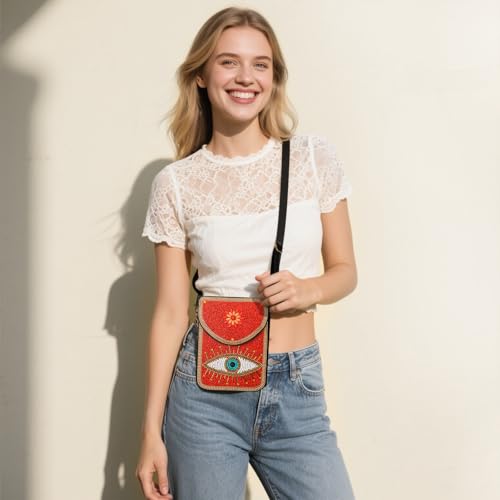 Image of Small Beaded Crossbody Bag for Women, Boho Cell Phone Shoulder Purse Wallet with Handcrafted Colorful Beads