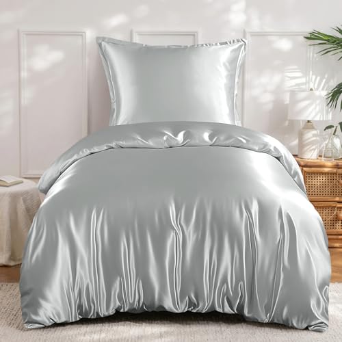 RUIKASI Satin Bettwäsche 135x200 Grau - Luxus Bettbezug mit Glanz wie Seiden Bettwäsche Set Hellgrau für Haar und Haut, Glänzend Bettwäsche 135x200cm mit Reißverschluss und Kissenbezug 80x80cm