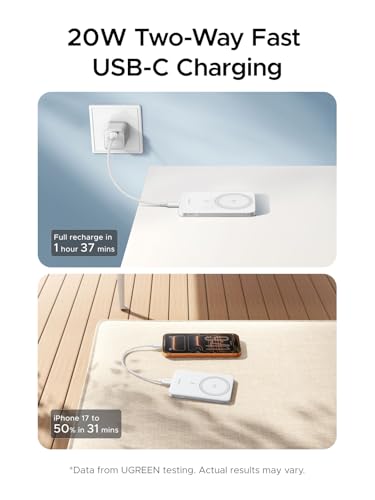 Image of UGREEN Magflow Air 5000mAh Ultra-Slim Qi2 Power Bank 20W for iPhone 17 | 3.4 inch ultra-slim, Qi2 15W wireless, 20W PD fast charging. Lightweight MagSafe compatible, White