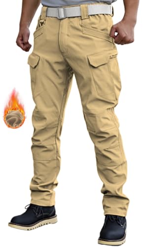 WINRKERY Men's Tactical Pants Work Pants Water Resistant Hiking Pants Military Combat Cargo Pants, Fleeced Kaki 3X-Large