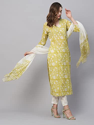 Image of GoSriKi Women's Cotton Blend Straight Printed Kurta with Pant & Dupatta (Avni Green-GS)