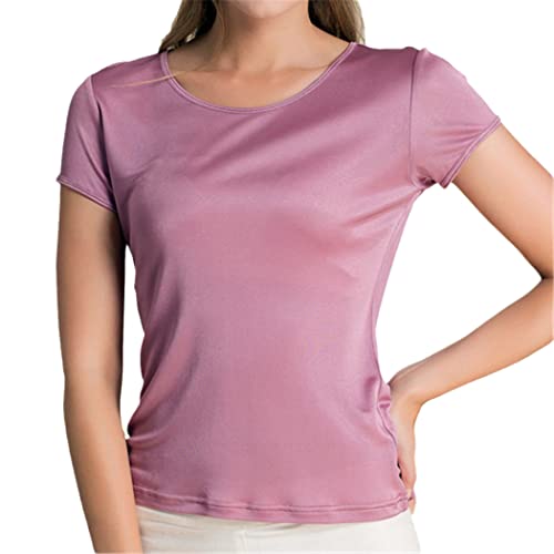T-shirt en soie tricotée haut de gamme pour femme, haut chic à manches courtes et col rond