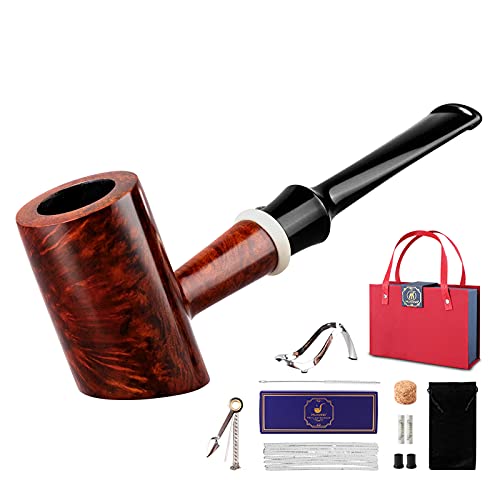 Muxiang Tobacco Pipe Handmade Briar Root Pipes Hammer Desktop Pipe Wooden Straight Stem,Gift Box Package Set (Scraper/Stand/Filter Element/Filter Ball/Small Bag/Box) Aa0442S-1 #TOP24